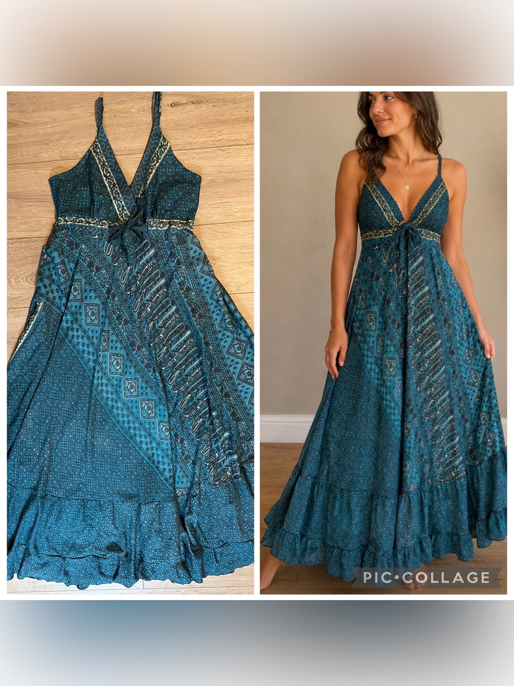 CELINA- Bohemian Teal V-Neck Maxi Dress with Tie Front - Picture 2 of 8
